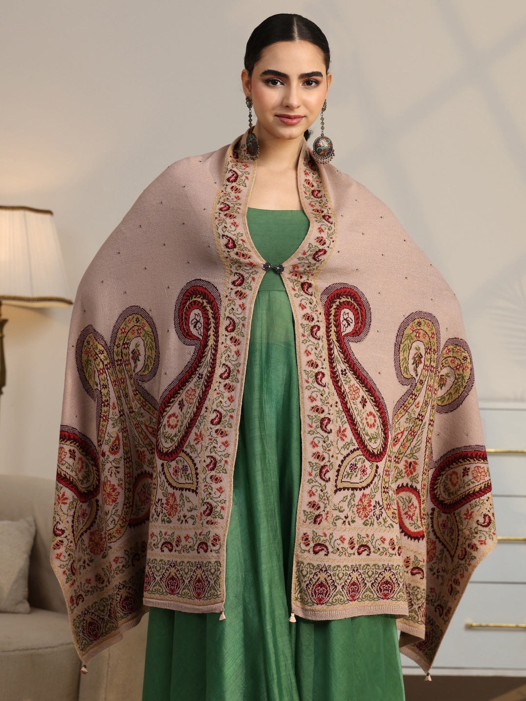  Libas Beige Paisley Knitted Acrylic Wrap Shawl 