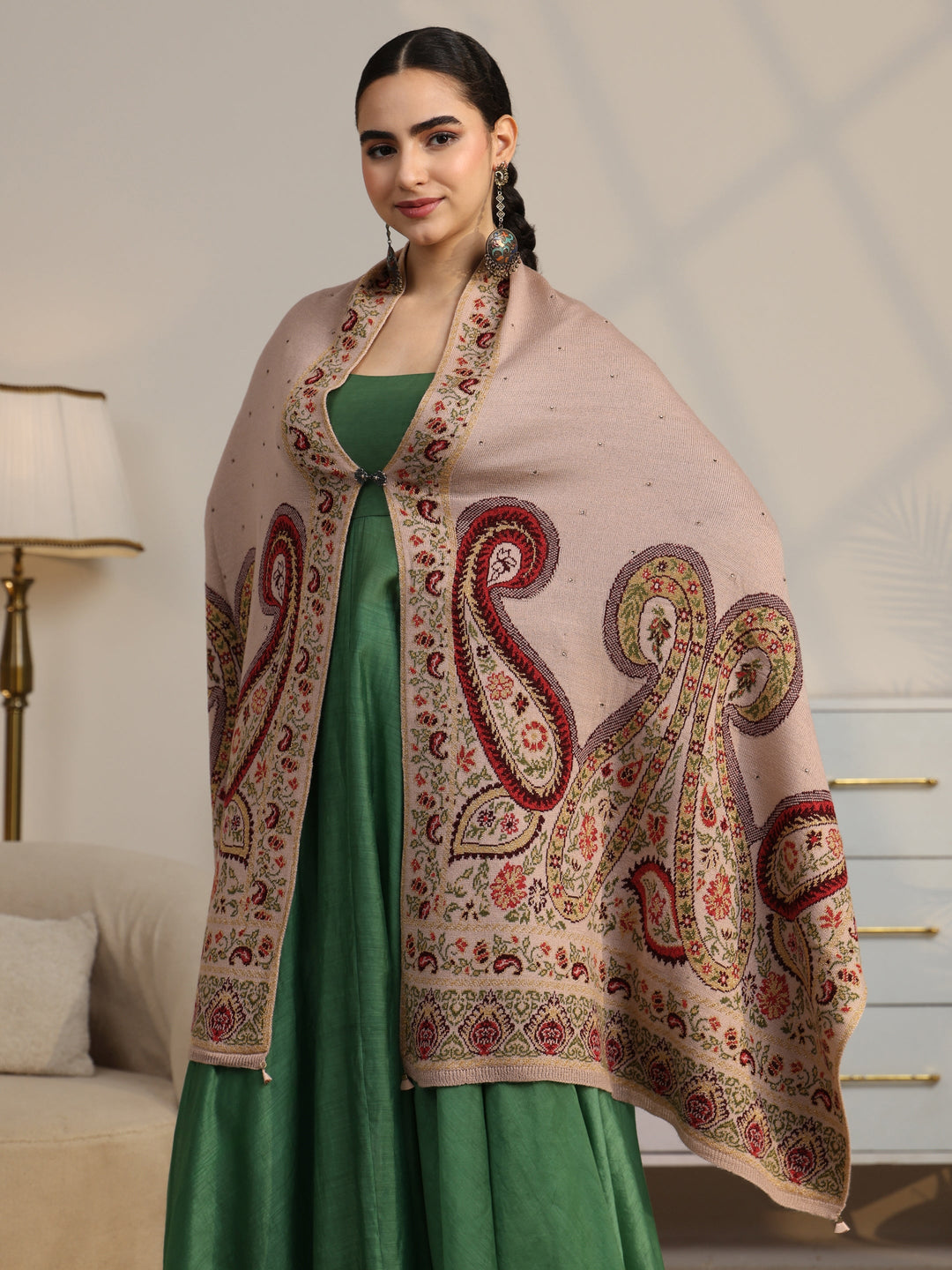  Libas Beige Paisley Knitted Acrylic Wrap Shawl 