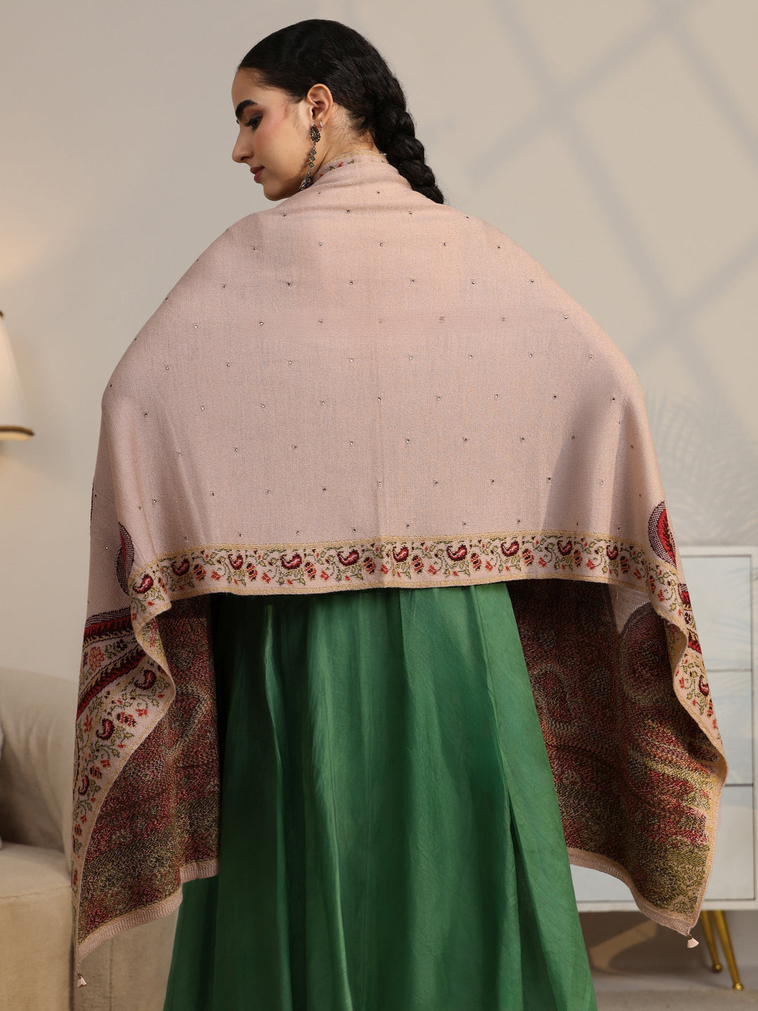  Libas Beige Paisley Knitted Acrylic Wrap Shawl 