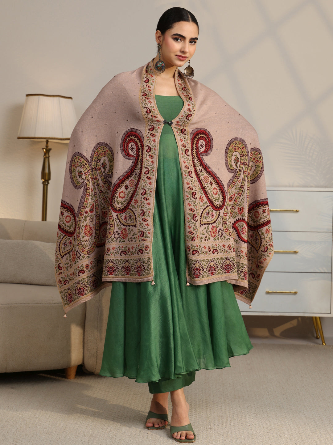  Libas Beige Paisley Knitted Acrylic Wrap Shawl 