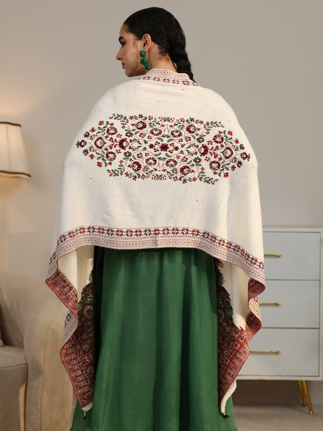  Libas White Floral Knitted Acrylic Wrap Shawl 