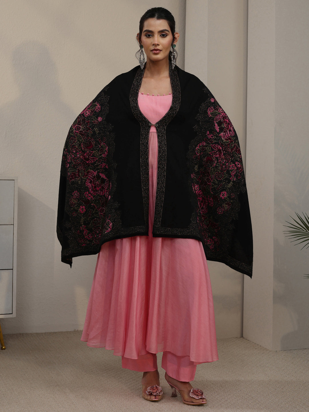  Libas Black Floral Knitted Acrylic Wrap Shawl 