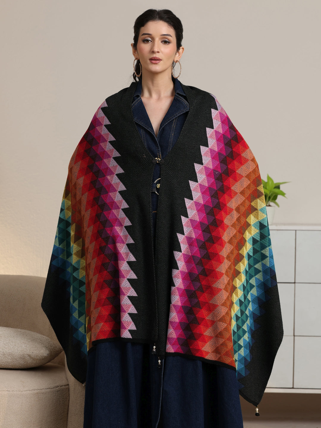  Libas Multi Colour Geometric Knitted Acrylic Wrap Shawl 