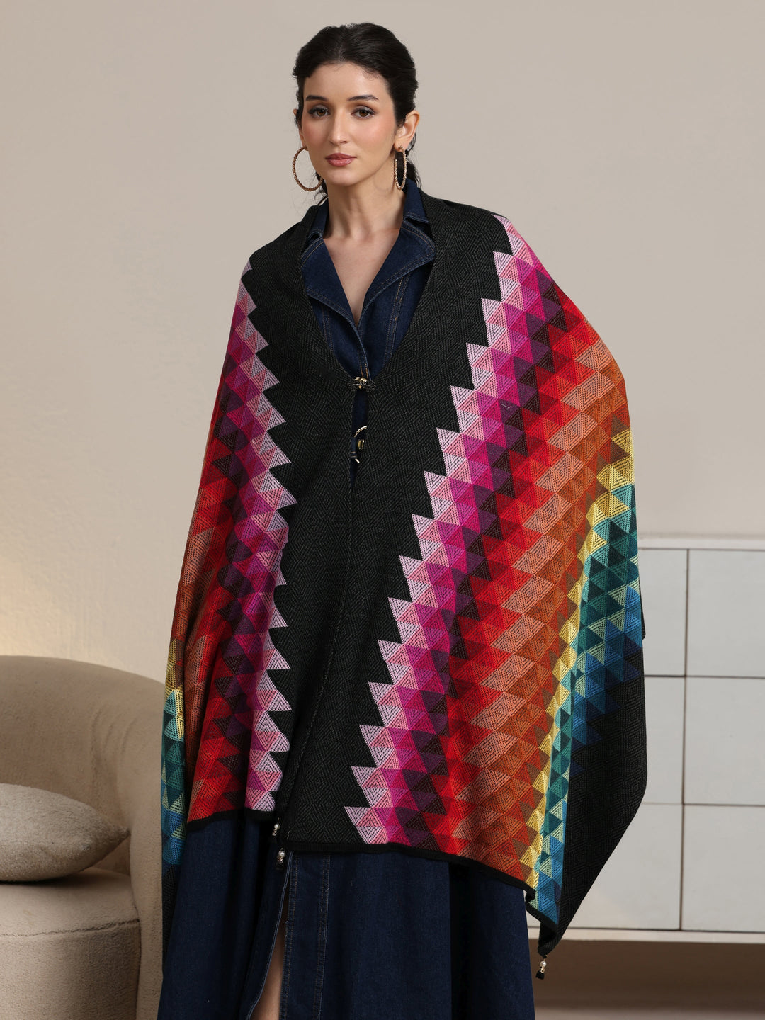  Libas Multi Colour Geometric Knitted Acrylic Wrap Shawl 