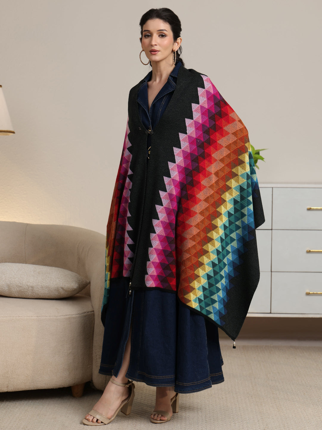  Libas Multi Colour Geometric Knitted Acrylic Wrap Shawl 