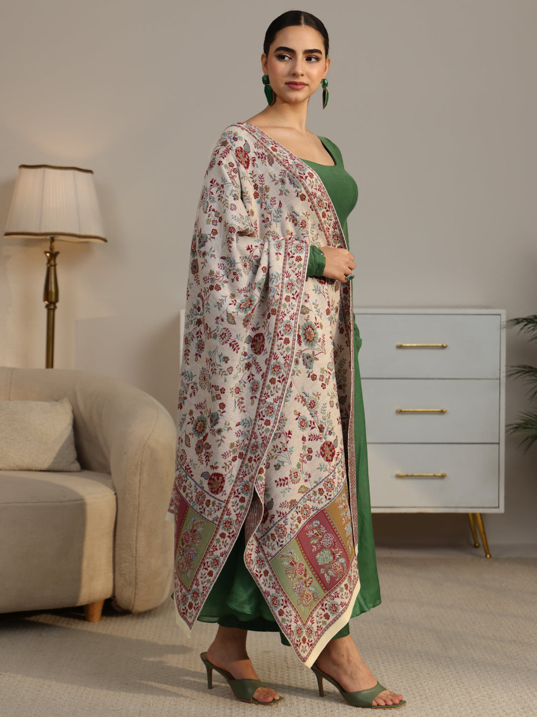  Libas Off White Floral Knitted Acrylic Shawl 