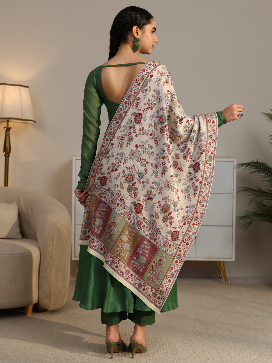  Libas Off White Floral Knitted Acrylic Shawl 