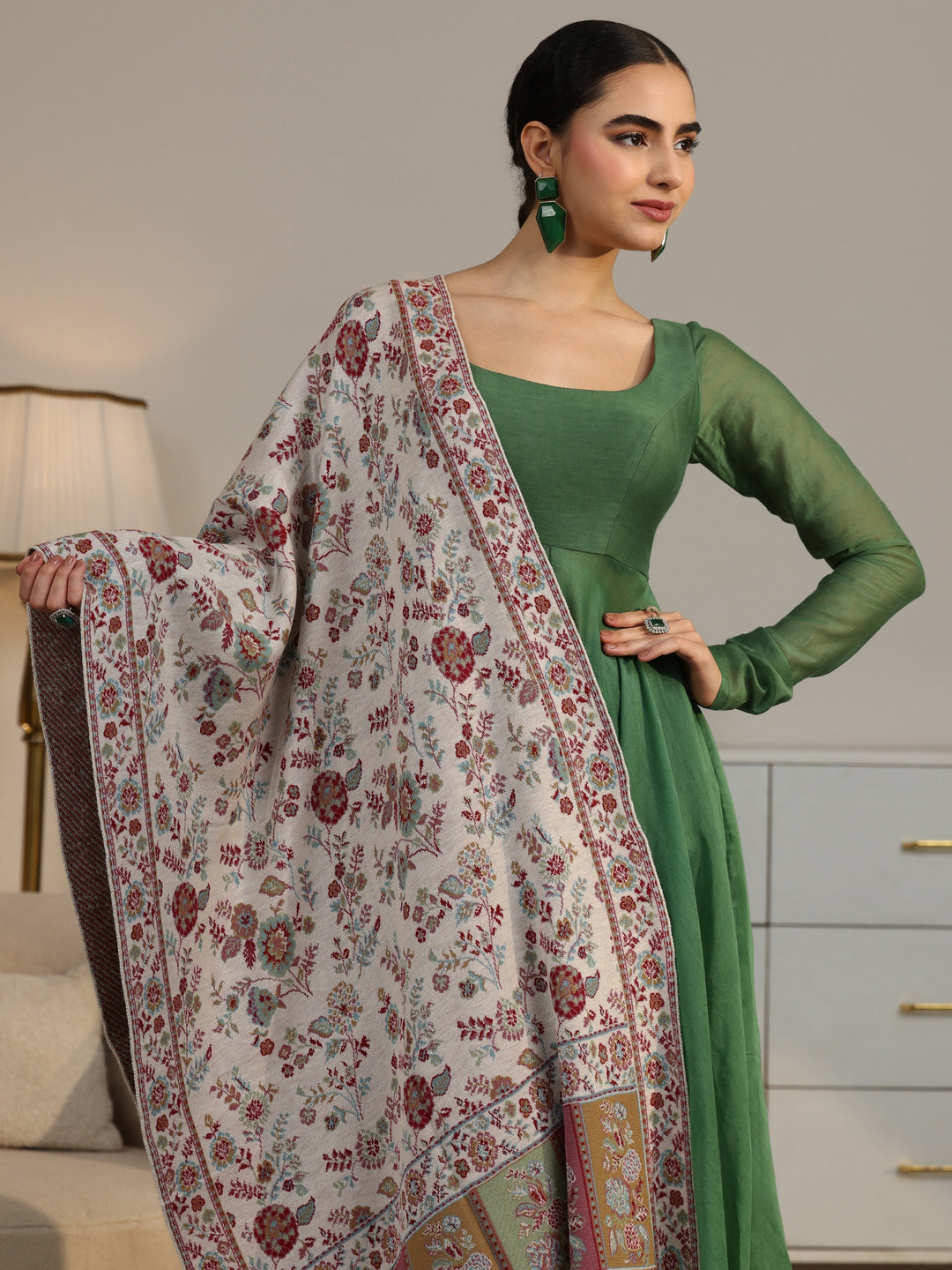  Libas Off White Floral Knitted Acrylic Shawl 