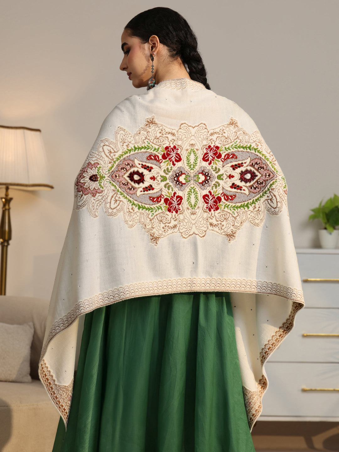  Libas White Floral Knitted Acrylic Wrap Shawl 