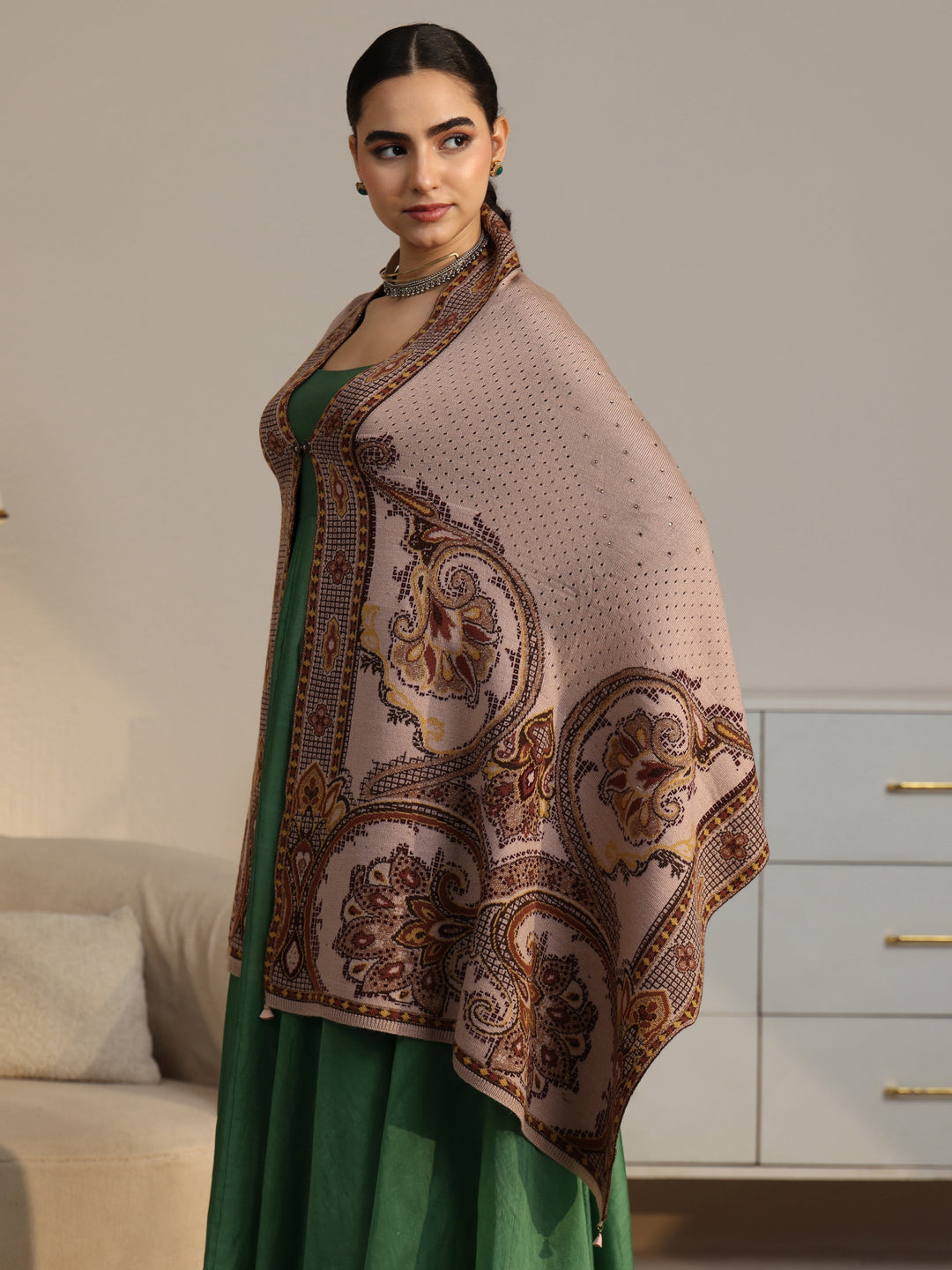  Libas Beige Knitted Acrylic Wrap Shawl 