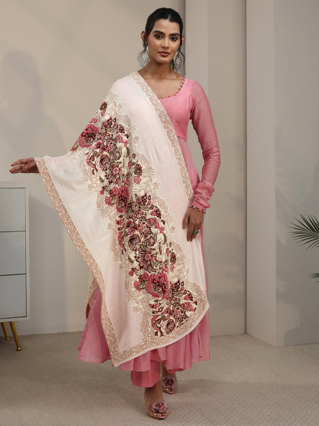  Libas Off White Floral Knitted Acrylic Shawl 