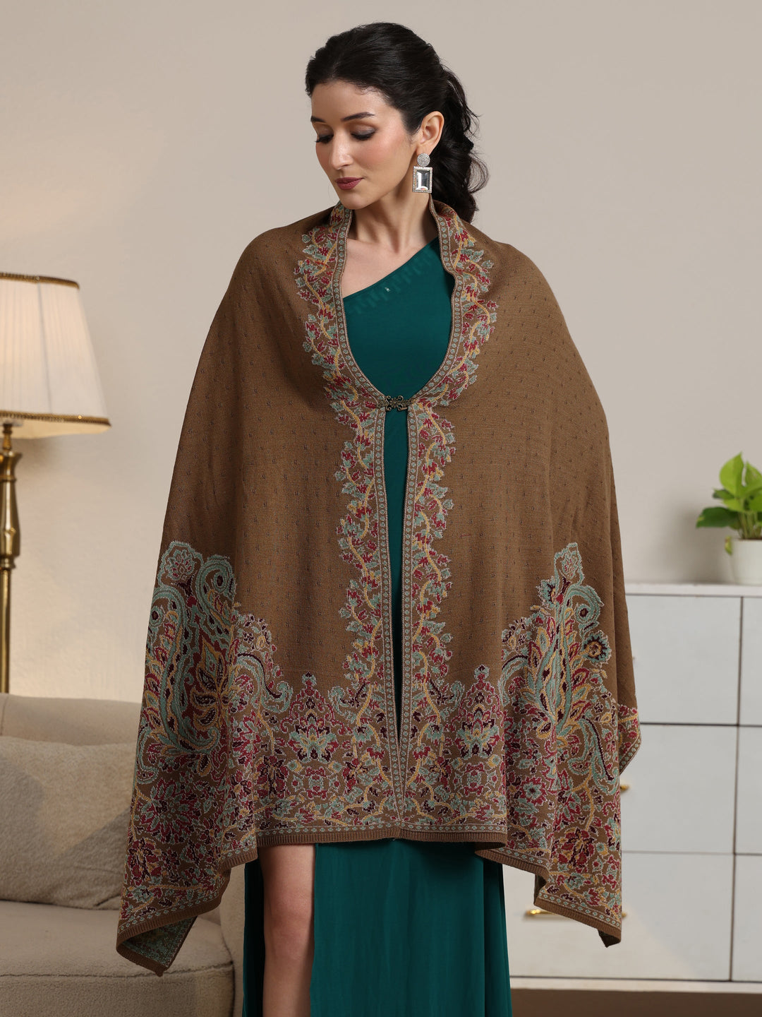  Libas Olive Green Floral Knitted Acrylic Wrap Shawl 