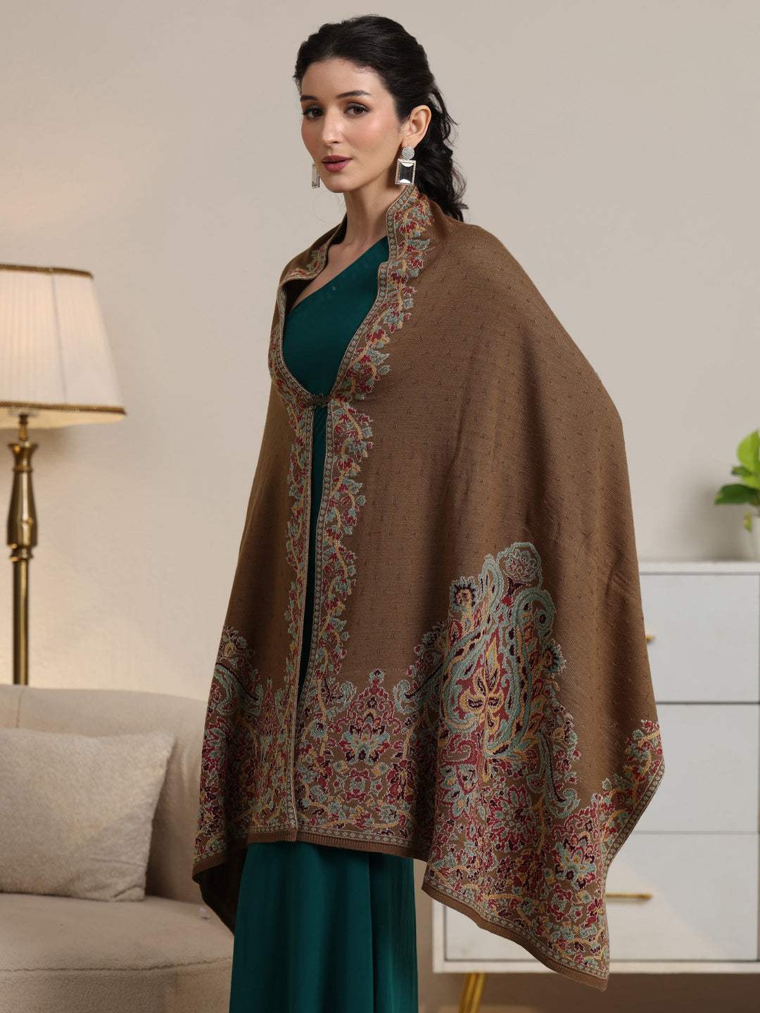  Libas Olive Green Floral Knitted Acrylic Wrap Shawl 