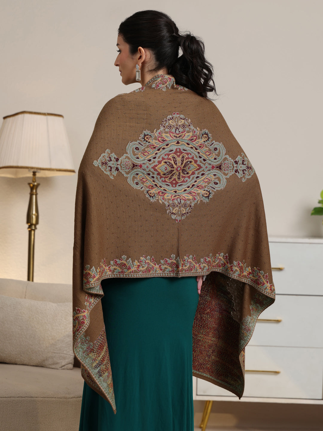  Libas Olive Green Floral Knitted Acrylic Wrap Shawl 
