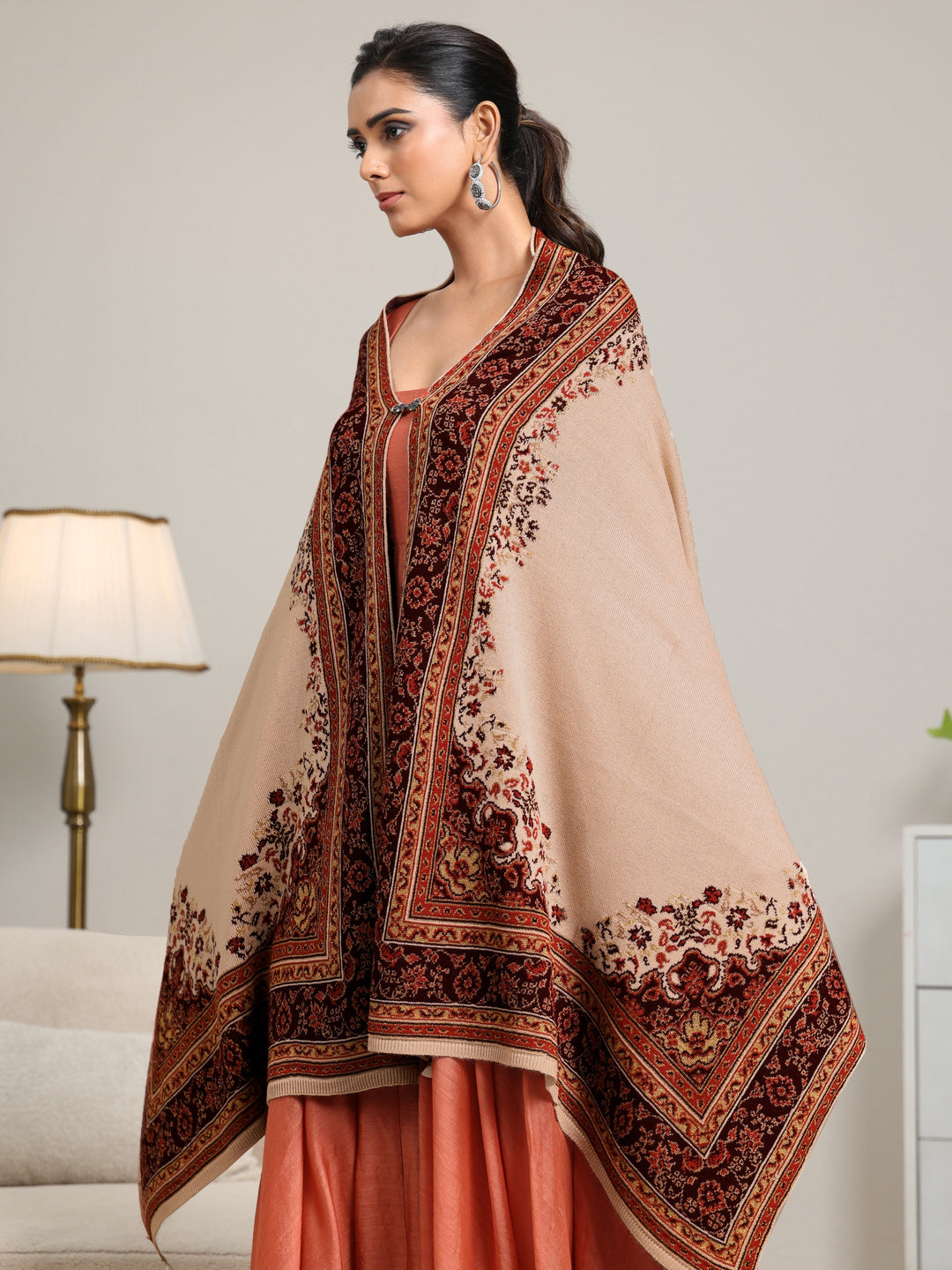  Libas Beige Ethnic Knitted Acrylic Wrap Shawl 