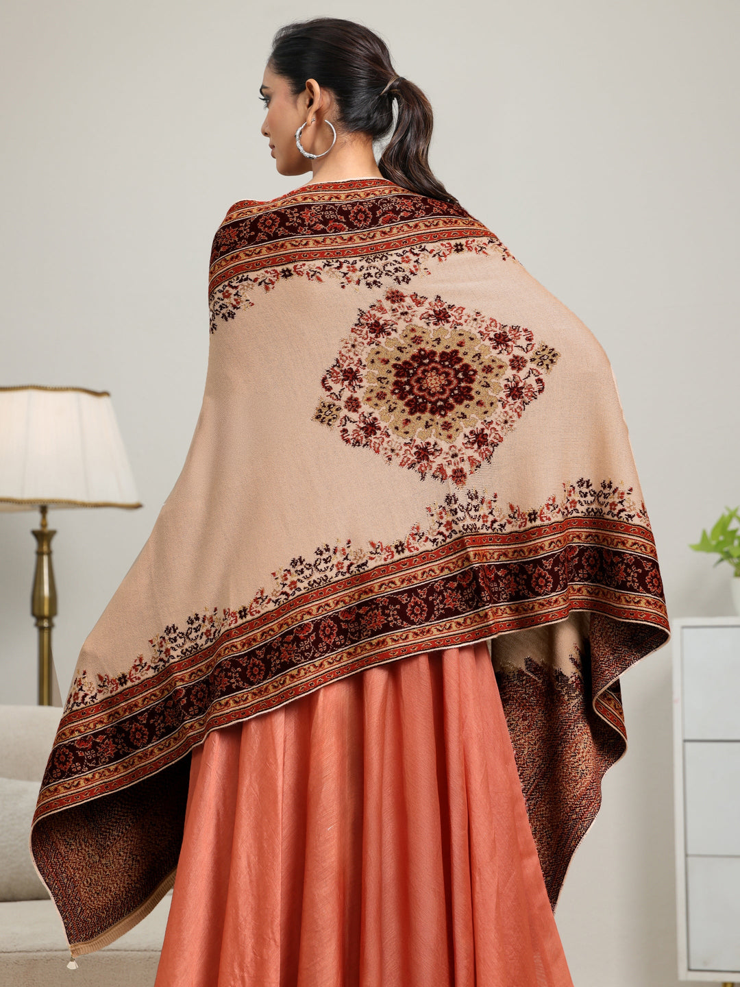  Libas Beige Ethnic Knitted Acrylic Wrap Shawl 