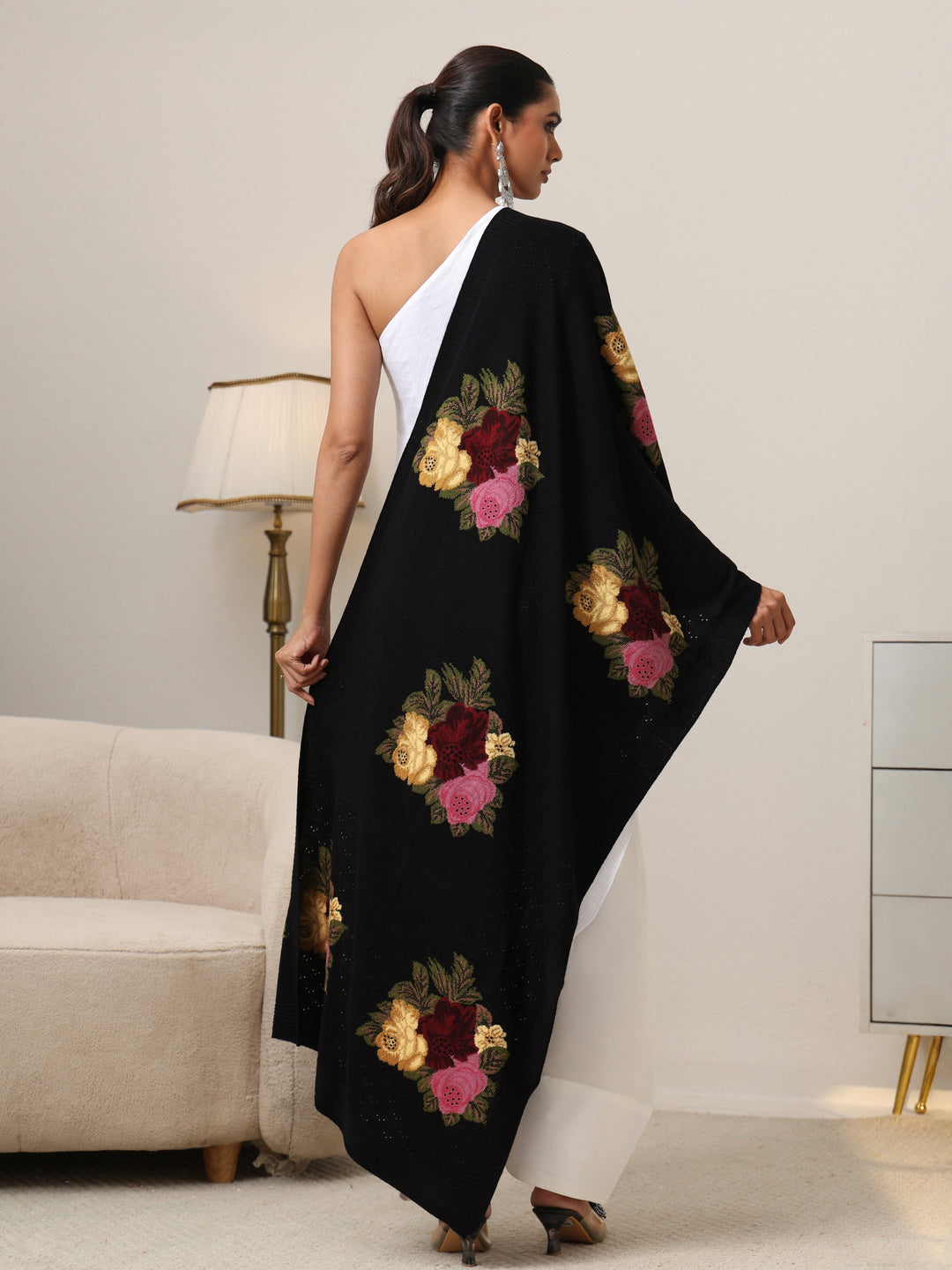  Libas Black Floral Knitted Acrylic Shawl 