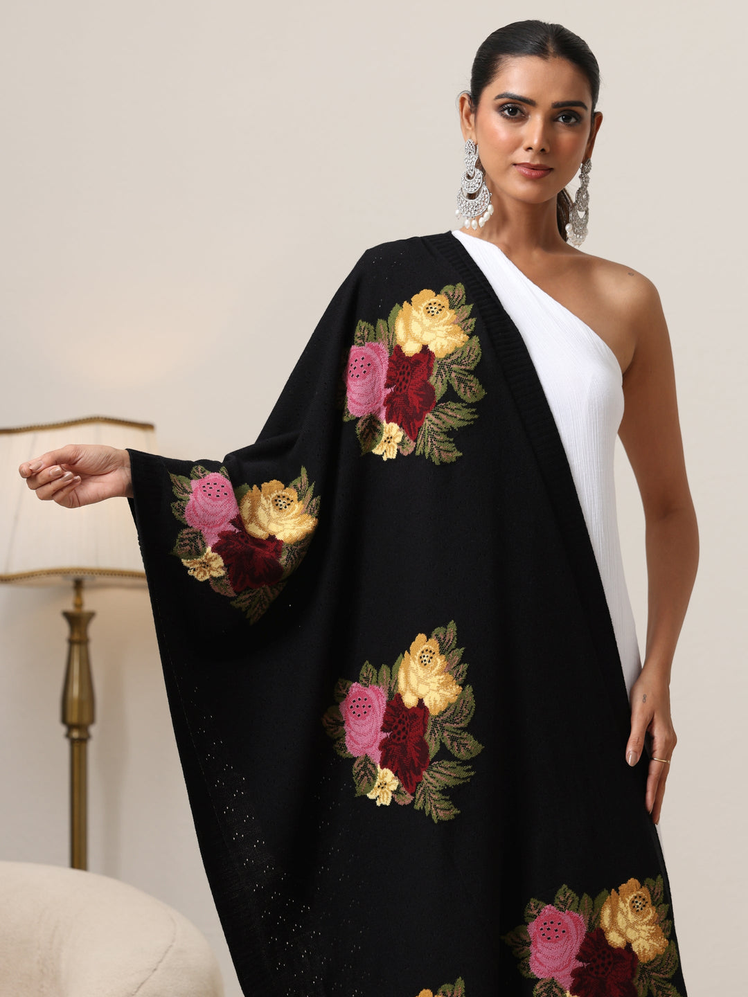  Libas Black Floral Knitted Acrylic Shawl 