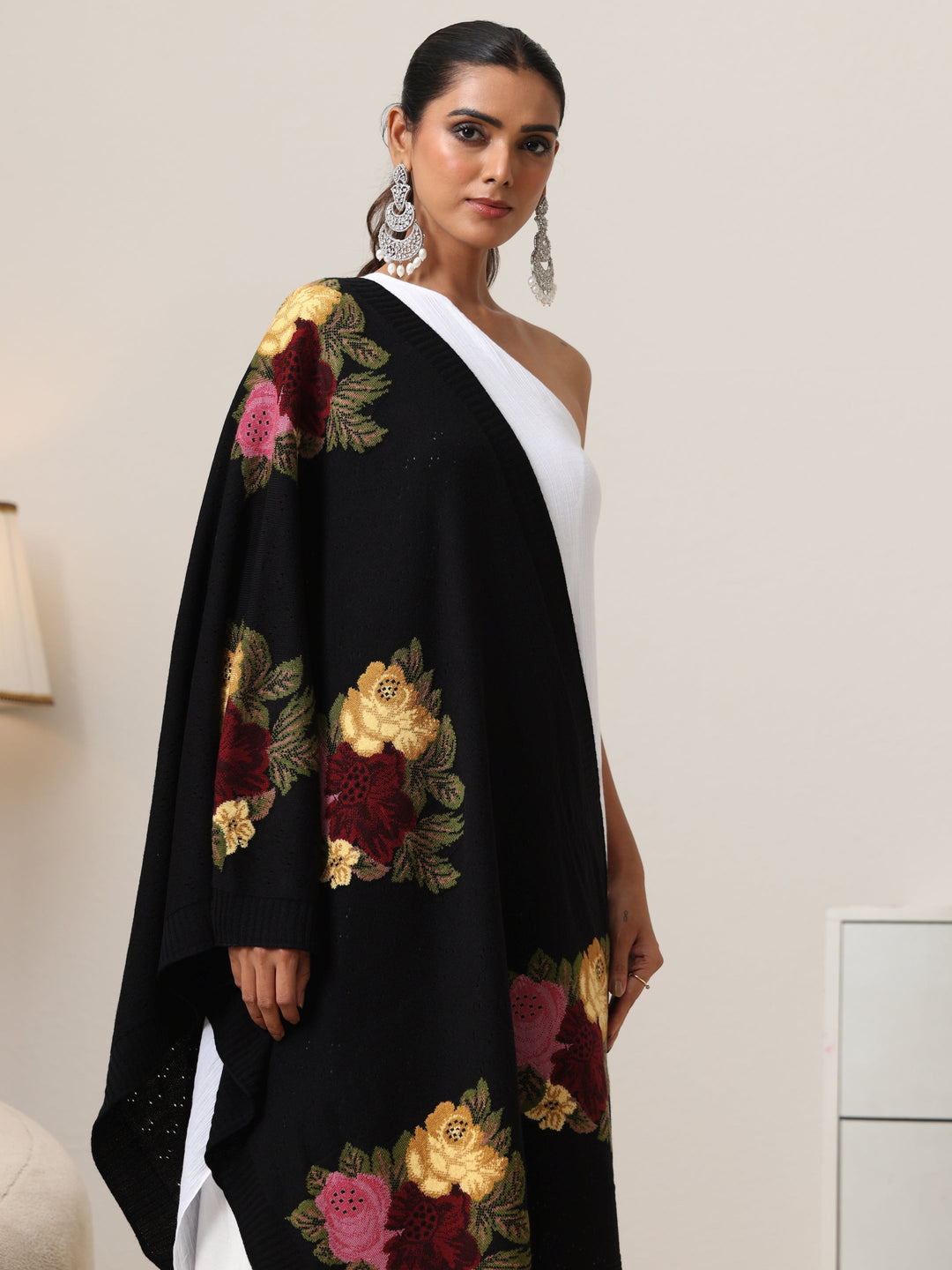  Libas Black Floral Knitted Acrylic Shawl 