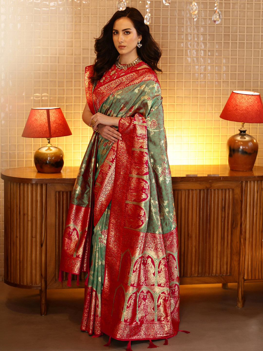  Sage Green Baluchari Silk Blend Saree with Dupatta 
