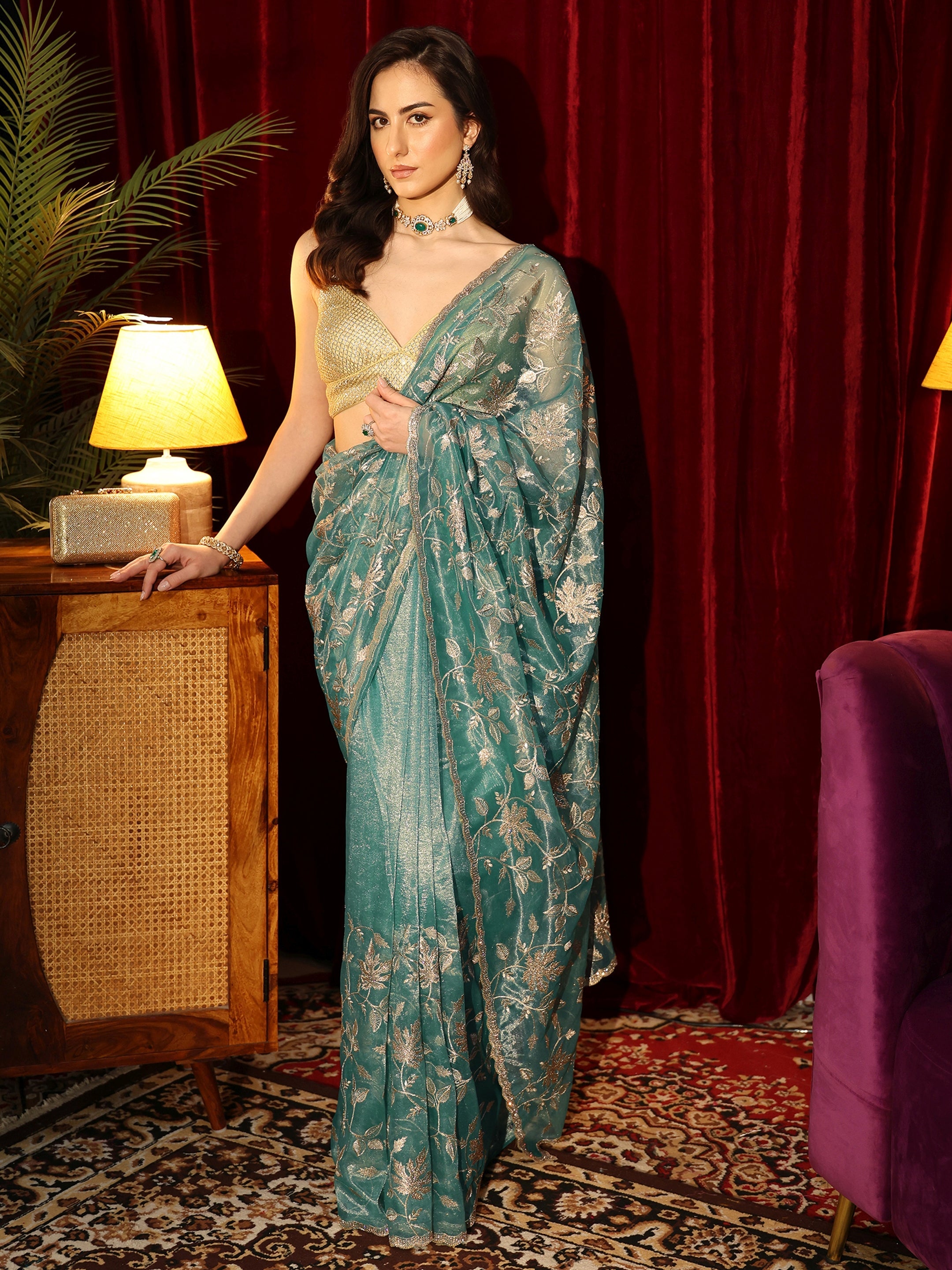 Libas Sage Green Floral Embellished Net Saree-picture-64