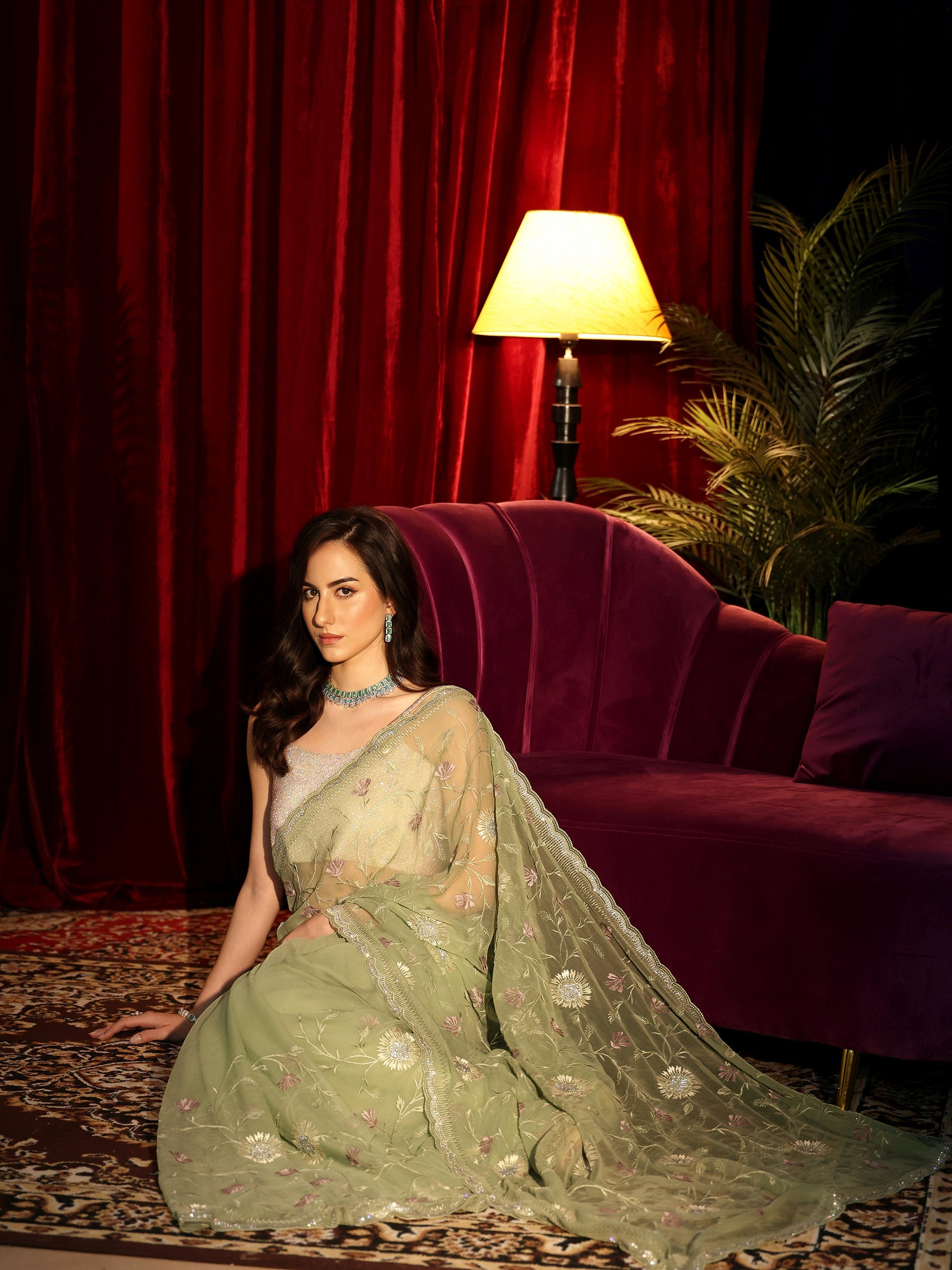 Libas Sage Green Floral Embroidered Chiffon Saree-image-39