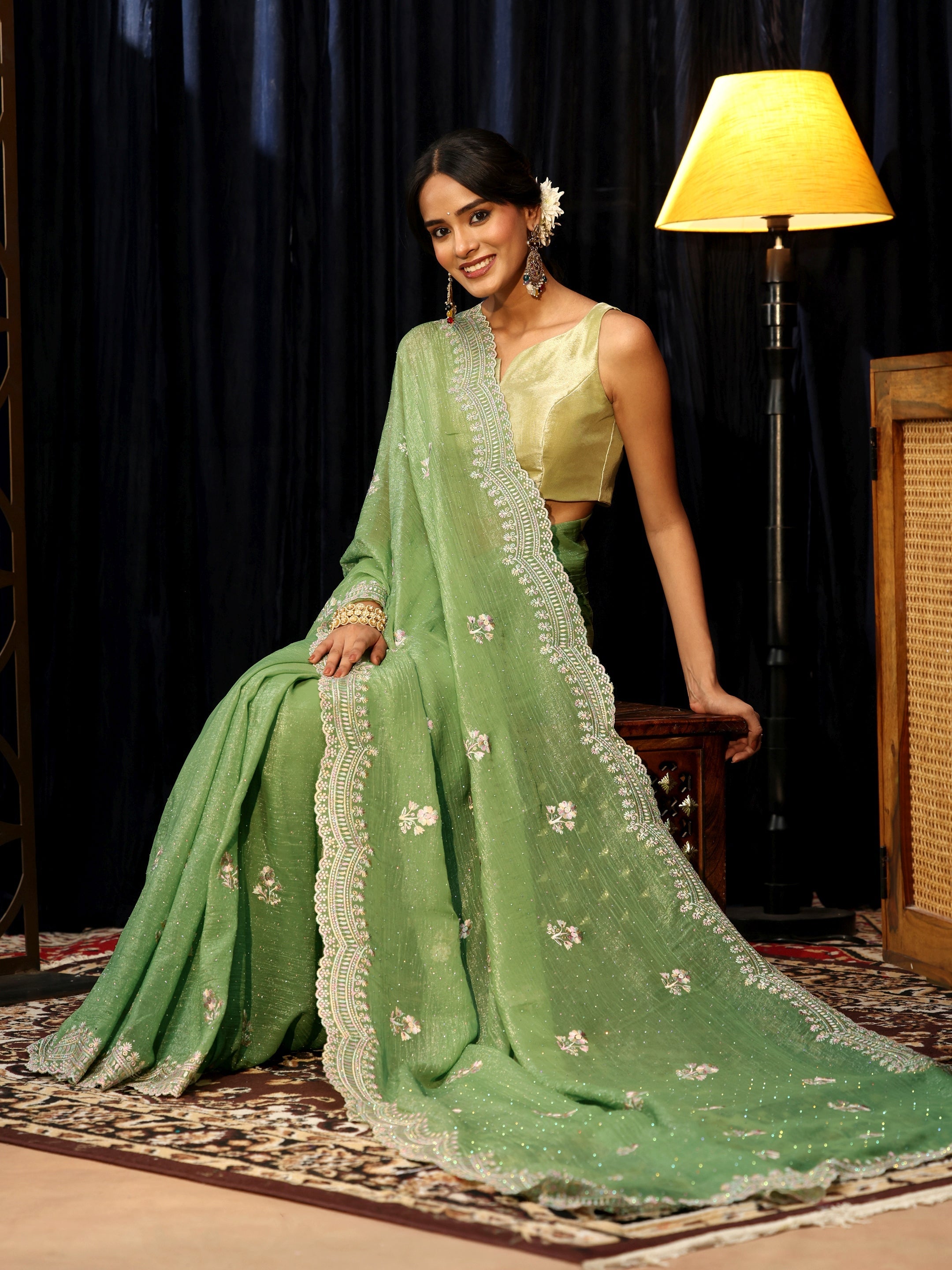 Libas Sage Green Floral Embroidered Chiffon Saree-picture-40