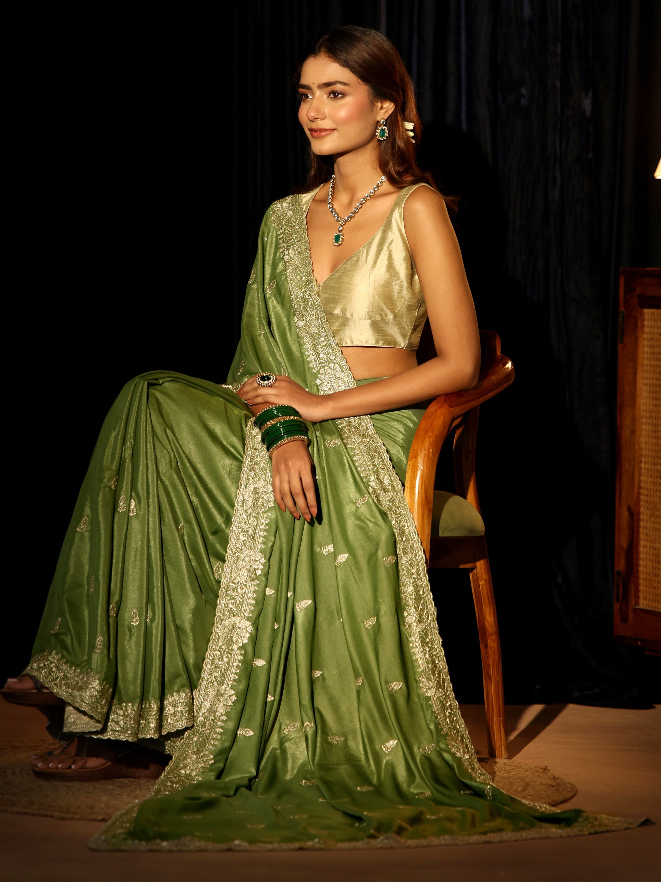 Libas Sage Green Floral Embroidered Silk Blend Saree-image-26