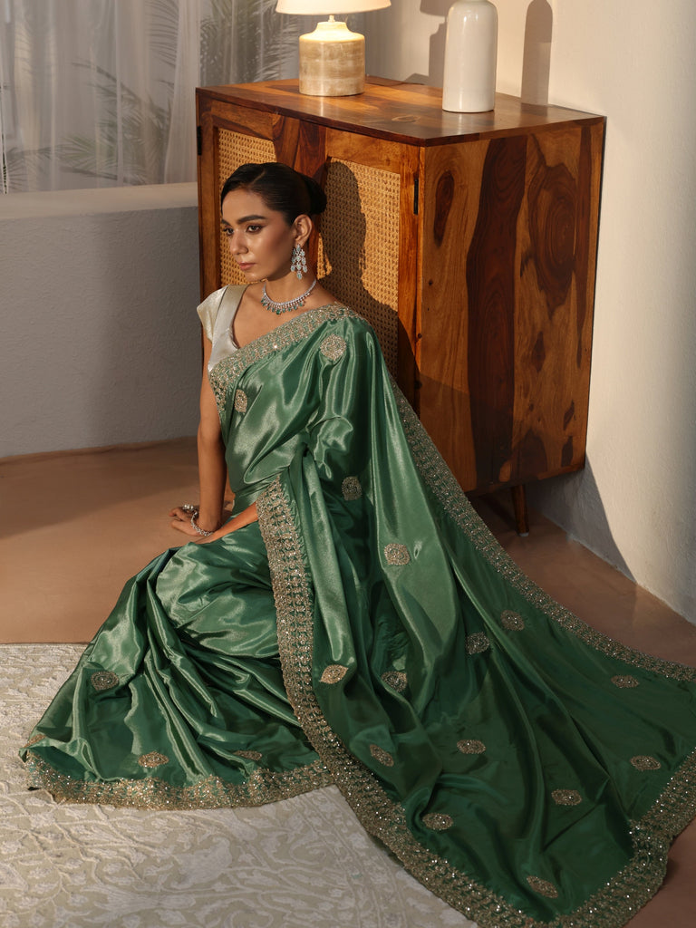 Libas Sage Green Ethnic Embroidered Satin Saree