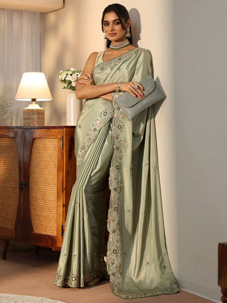 Libas Sage Green Floral Embroidered Satin Saree