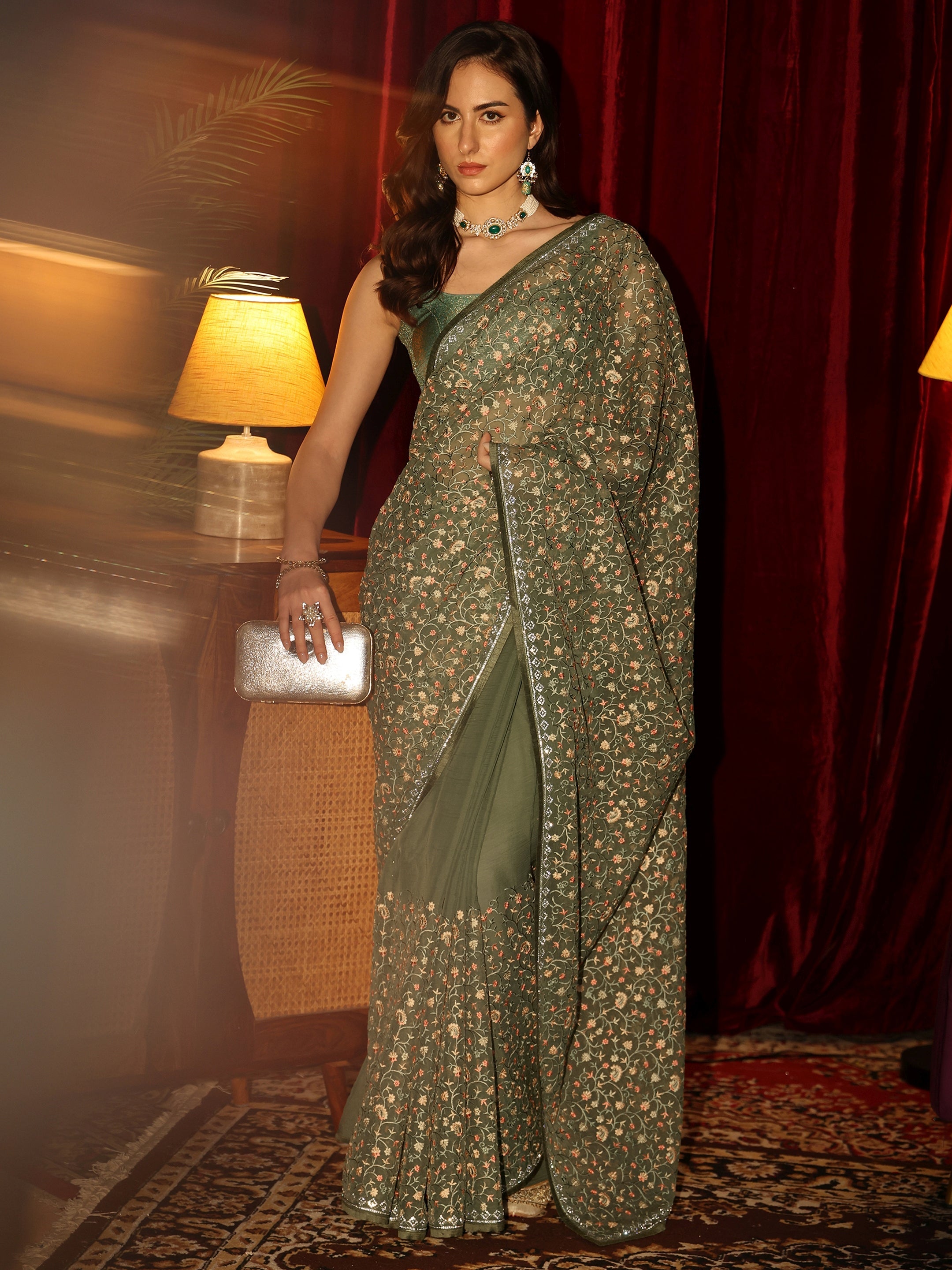 Libas Sap Green Floral Embroidered Chiffon Saree-picture-60