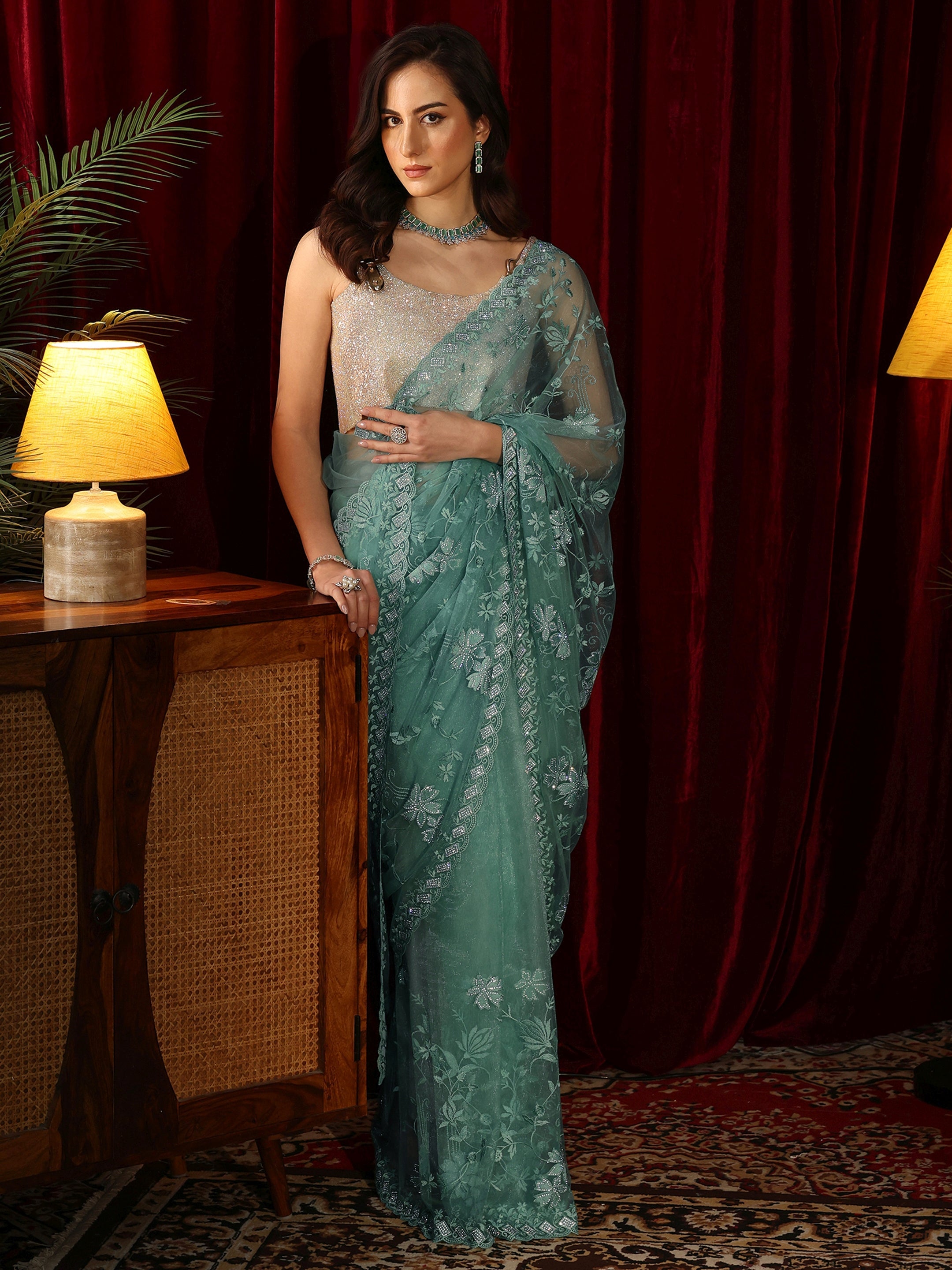 Libas Sea Green Floral Embroidered Net Saree-picture-38