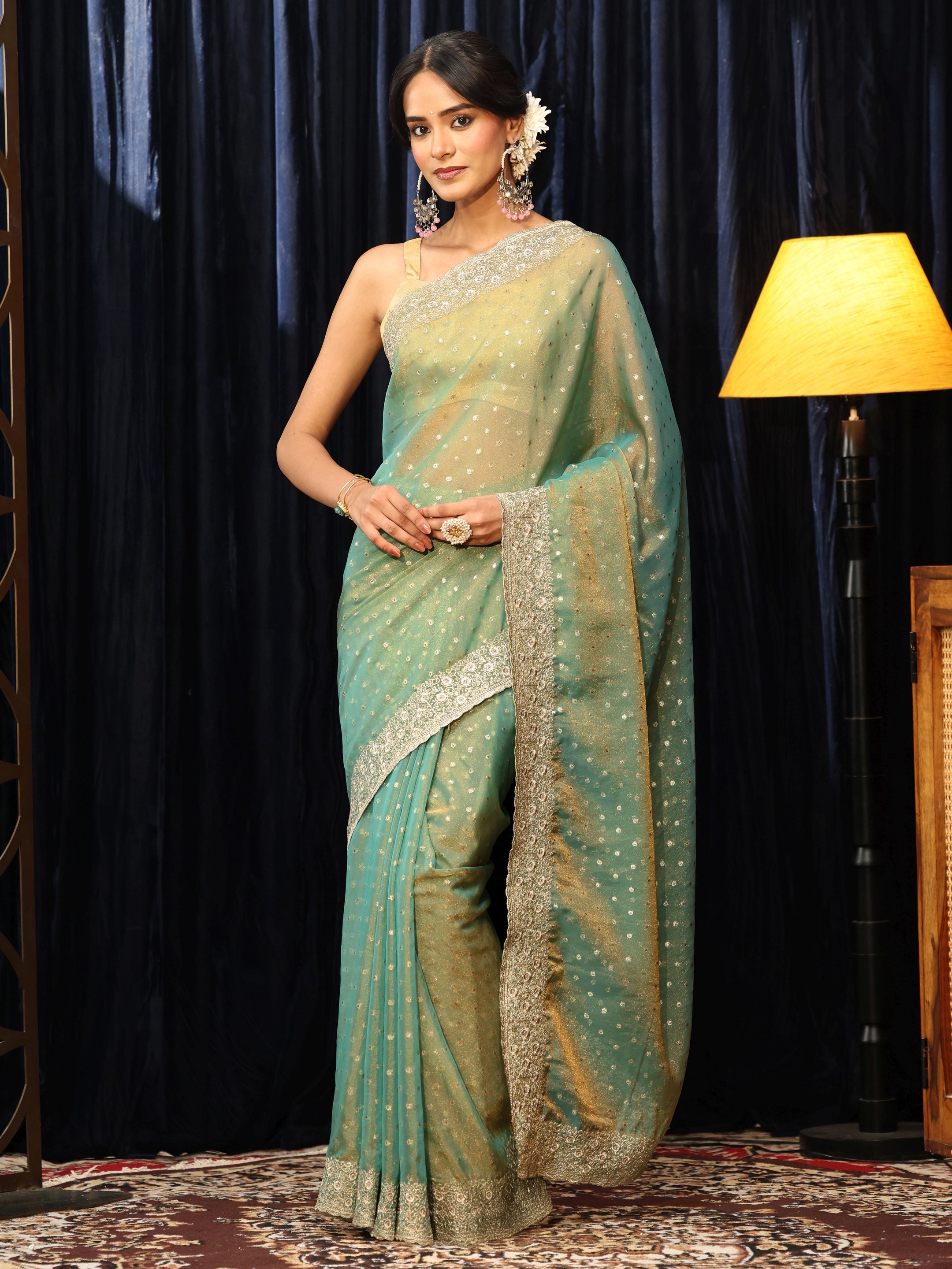Libas Sea Green Mirror Work Silk Blend Saree-picture-43