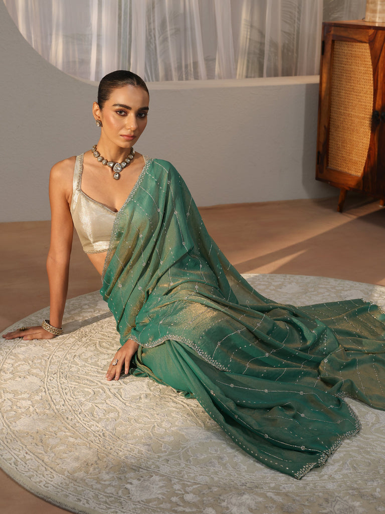 Libas Sea Green Embellished Silk Blend Saree