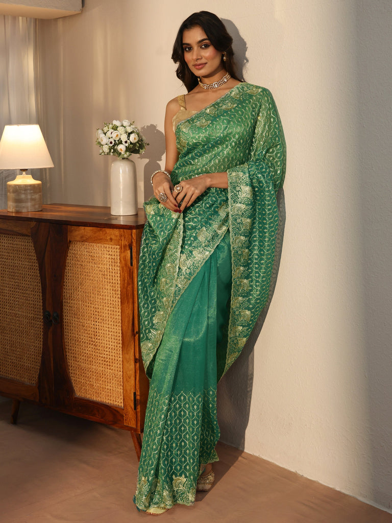 Libas Sea Green Ethnic Embroidered Net Saree