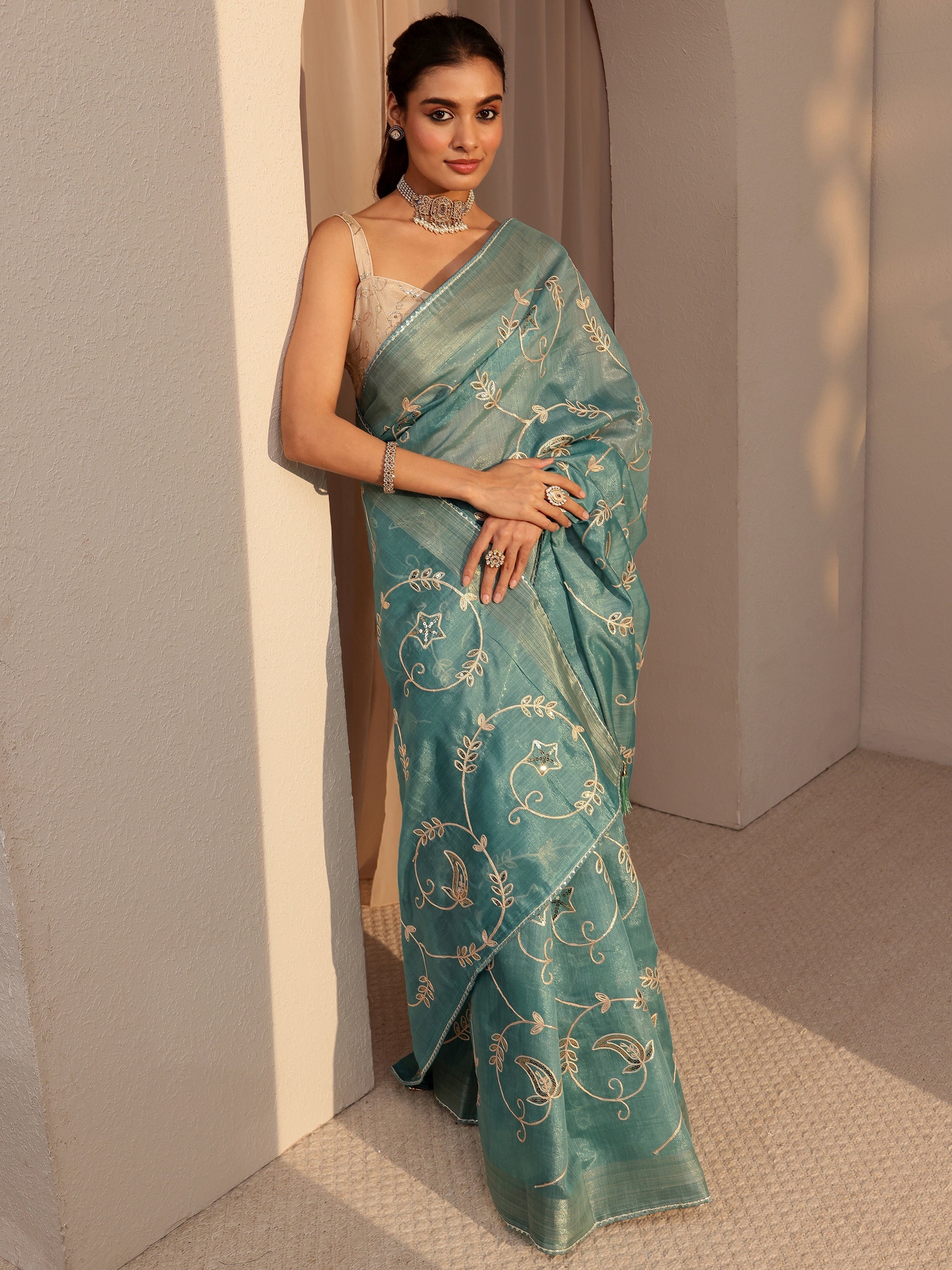 libas Seafoam Blue Floral Embellished Tissue Saree-picture-51