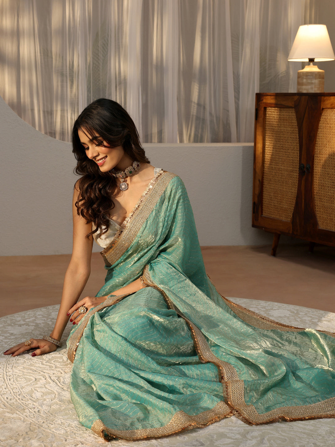  Seafoam Blue Leheriya Embellished Tissue Saree 