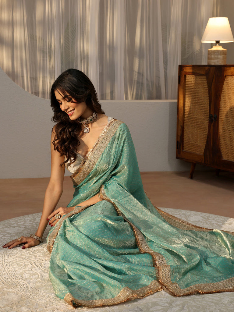 Libas Seafoam Blue Leheriya Embellished Tissue Saree
