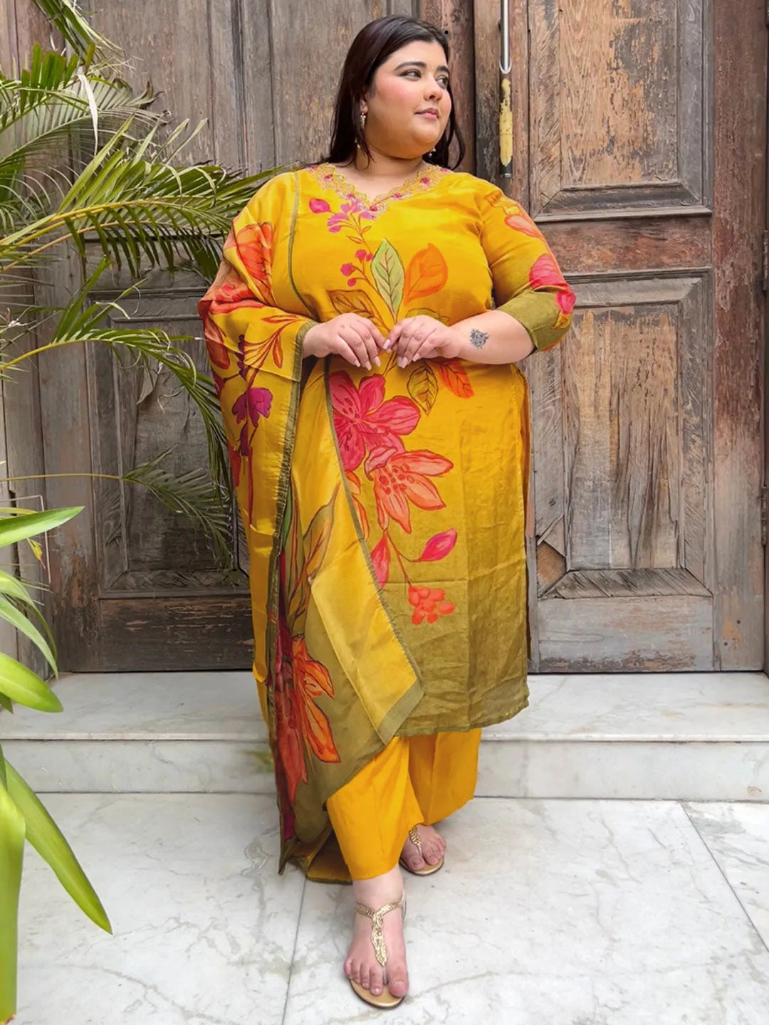 Plus Size Mustard Printed Silk Blend Straight Suit With Dupatta