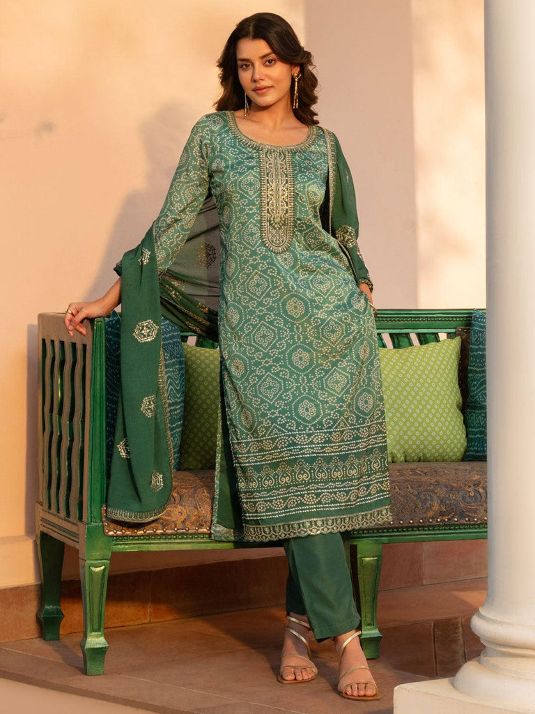 Libas Green Printed Chinon Straight Suits With Dupatta