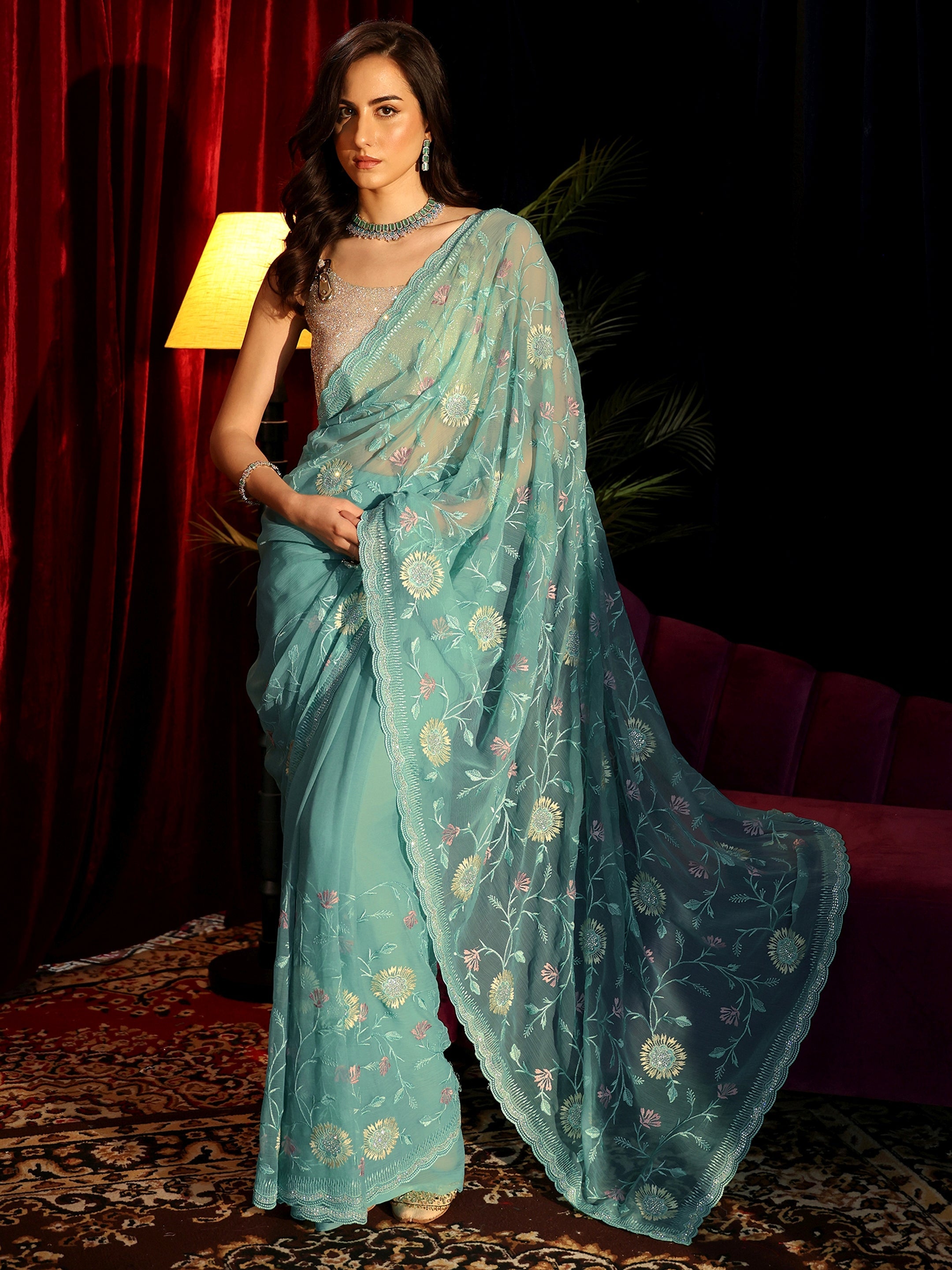 Libas Sky Blue Floral Embroidered Chiffon Saree-picture-10