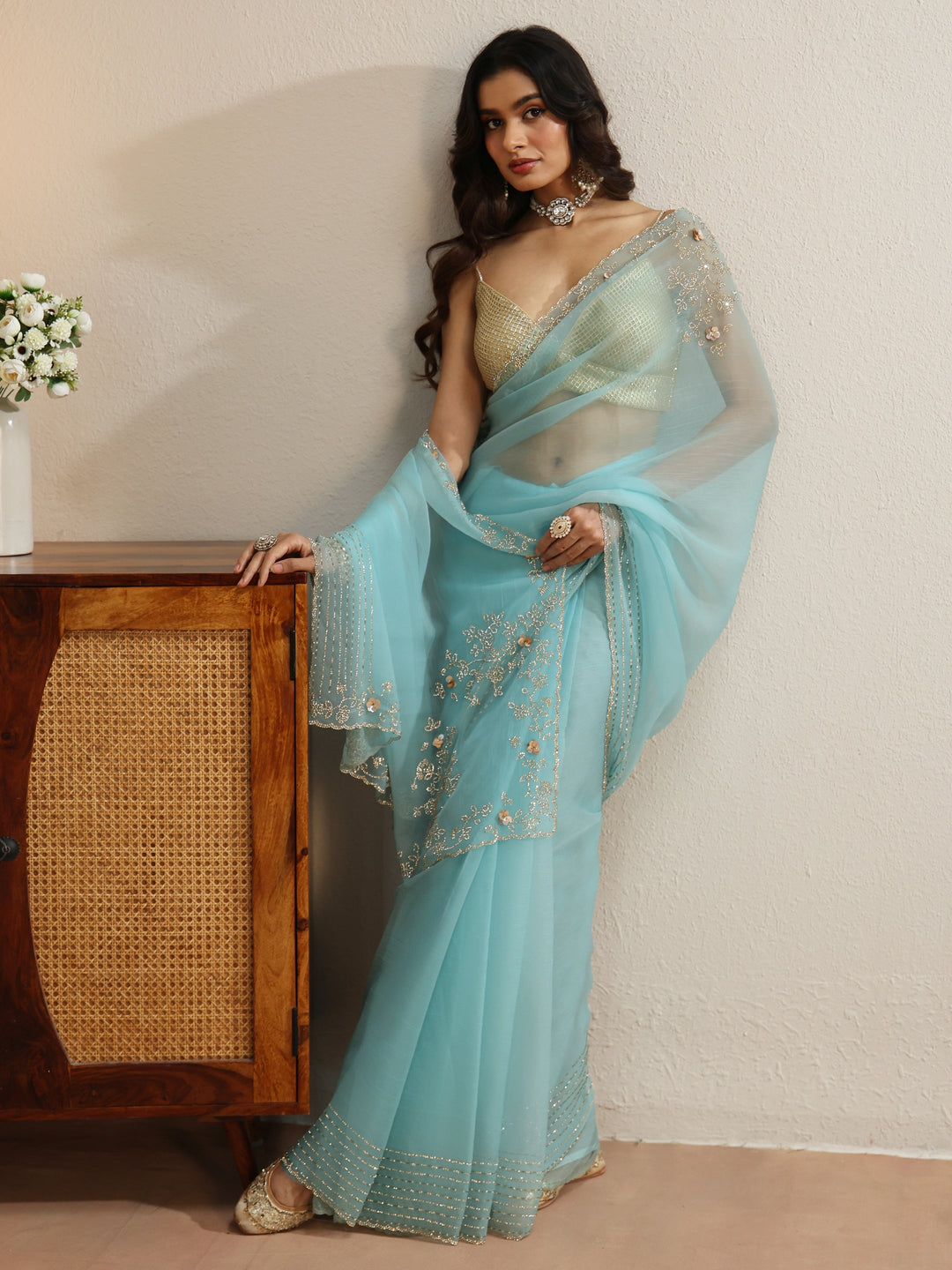  Sky Blue Georgette Saree with Embellished Border 
