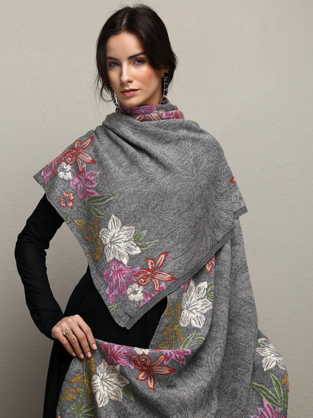  Grey Woven Design Wool Women'S Shawl 
