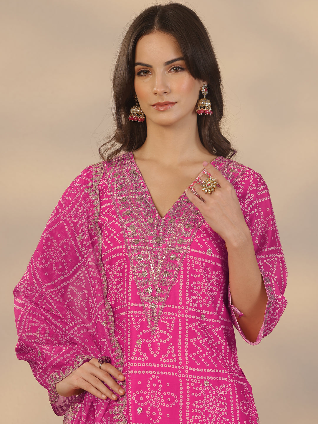  Pink Printed Silk Blend Straight Suit Set With Dupatta 