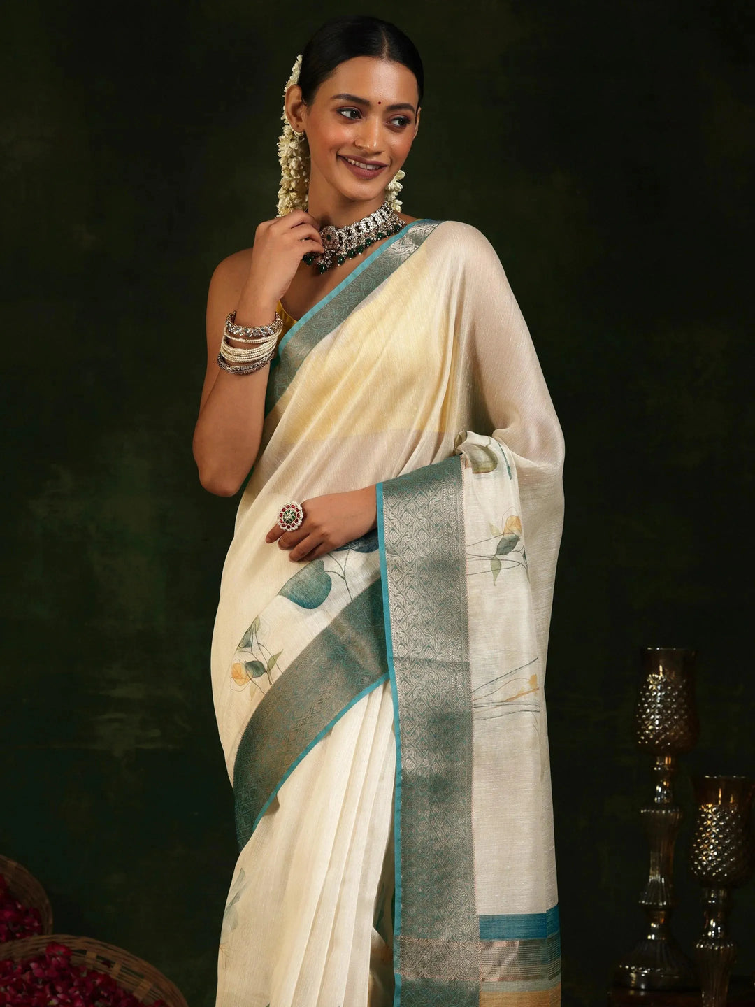  Beige Printed Silk Blend Saree With Unstitched Blouse Piece 