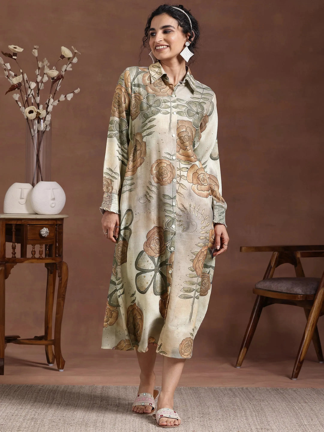  Grey Printed Cotton Blend Shirt Dress 