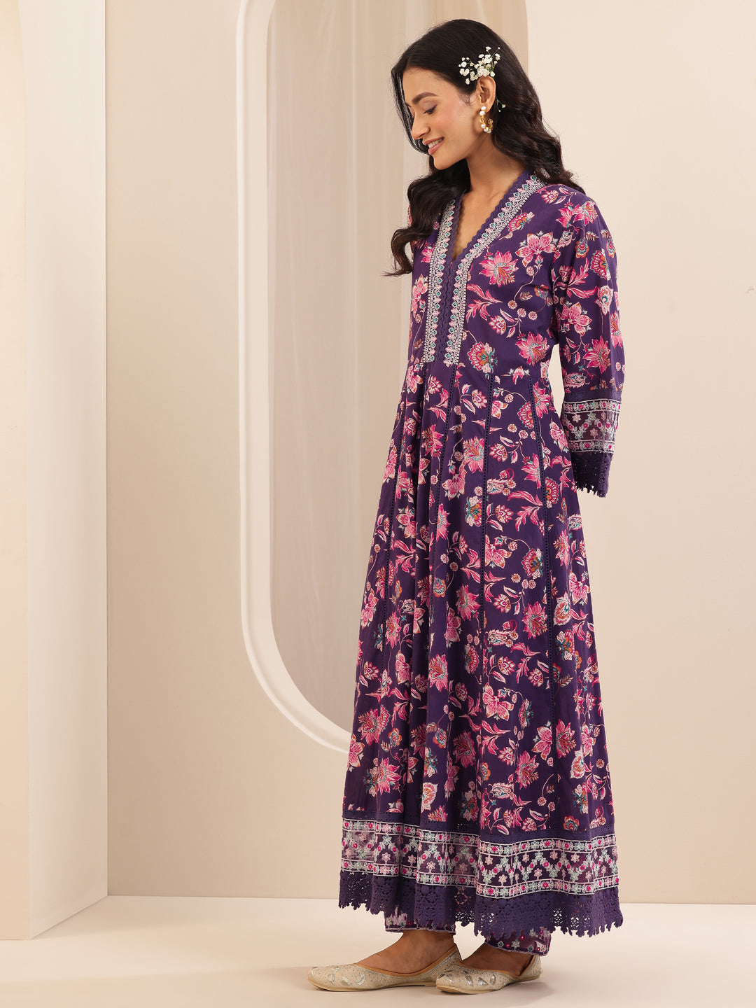  Purple Printed Cotton Anarkali Suit Sets With Dupatta 