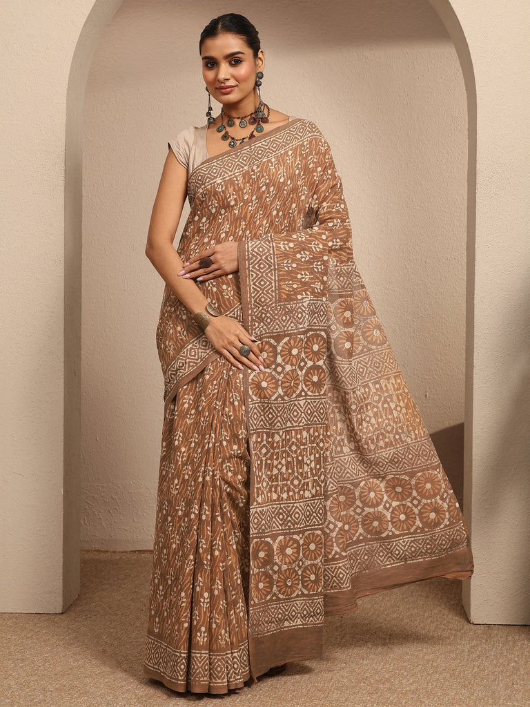 Libas Tan Block Printed Cotton Saree With Unstitched Blouse Piece