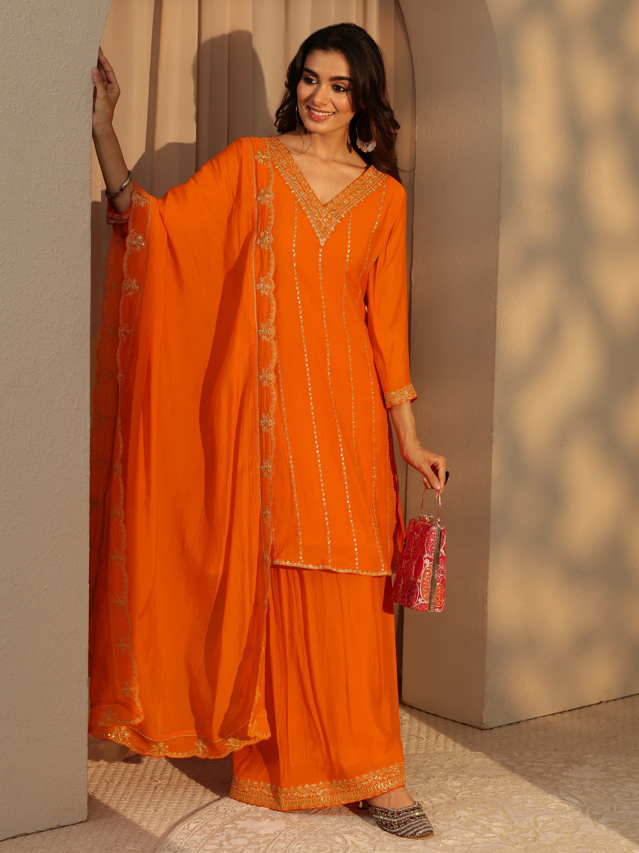 libas Tangerine Embellished Yoke Chanderi Cotton Palazzo Suit Set-picture-24
