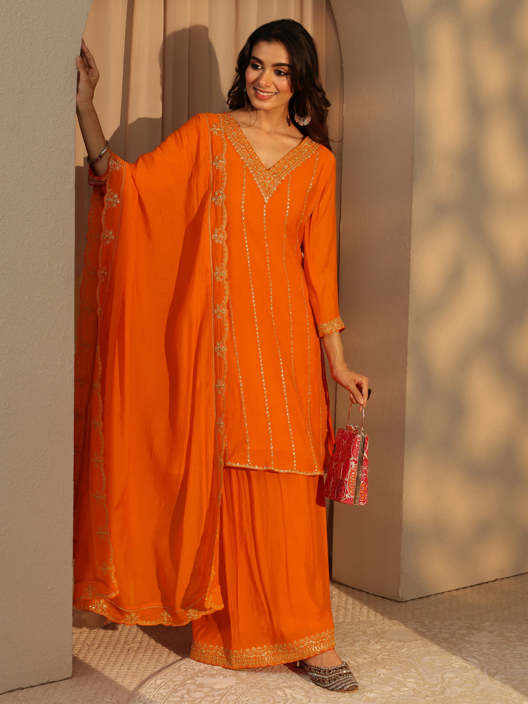  Tangerine Embellished Yoke Chanderi Cotton Palazzo Suit Set 